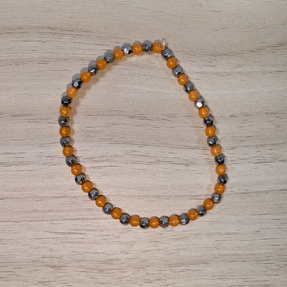 Orange Silver Tone Beaded Stretch Bracelet Minimalist Stackable Jewelry